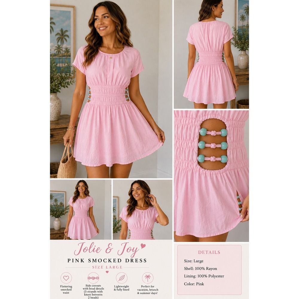 Jolie & Joy Pink Smocked Mini Dress L Side Cutout Beaded Coquette Barbiecore
